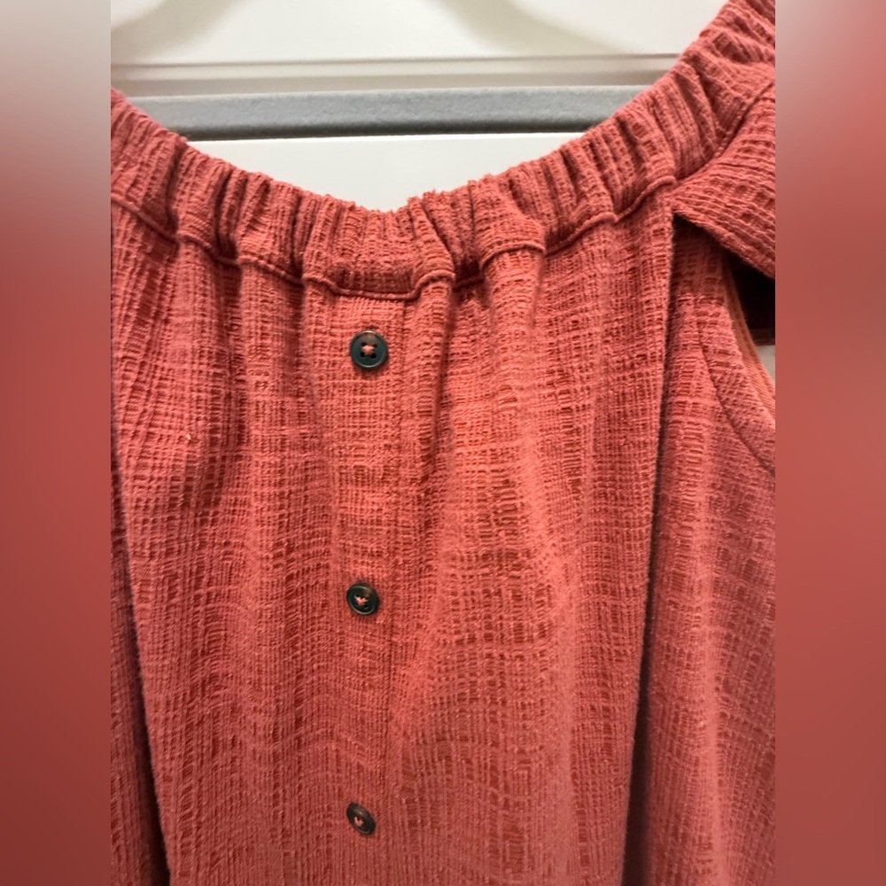 Madewell. Texture & Thread, Off-Shoulder, Rust Button Front Mini Dress. Small - Picture 7 of 11